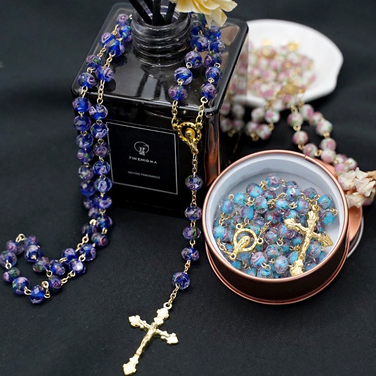 Christianartworkshop Flower Rose Glazed Beads Rosary with Mary & Crucifix