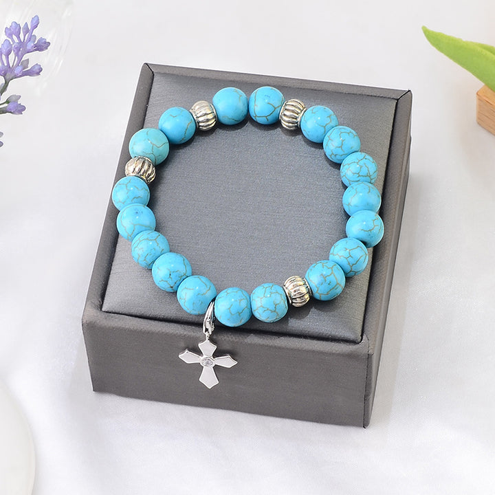 Christianartworkshop Hand-Crafted Turquoise Beaded Cross Pendant Bracelet
