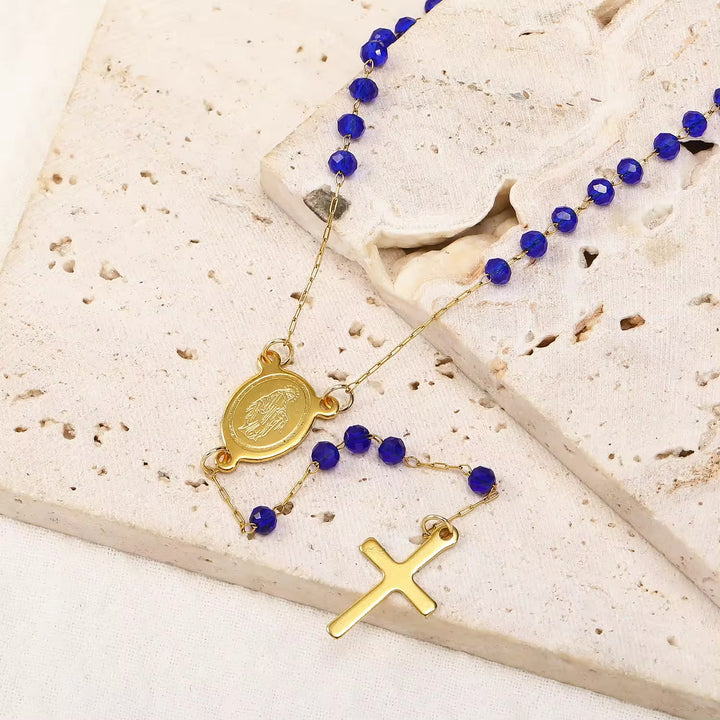 Christianartworkshop Virgin Mary Medal & Cross Pendant Glass Beads Necklace