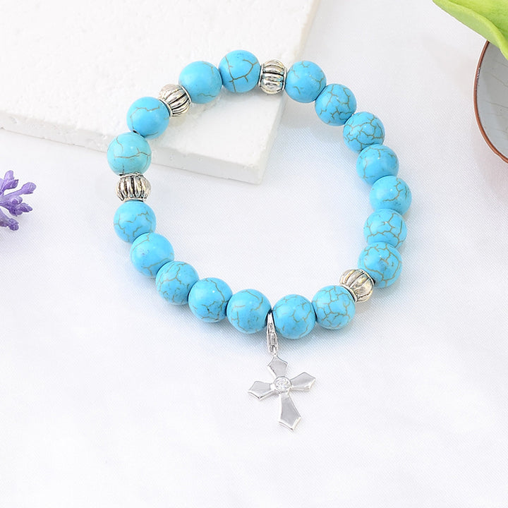 Christianartworkshop Hand-Crafted Turquoise Beaded Cross Pendant Bracelet