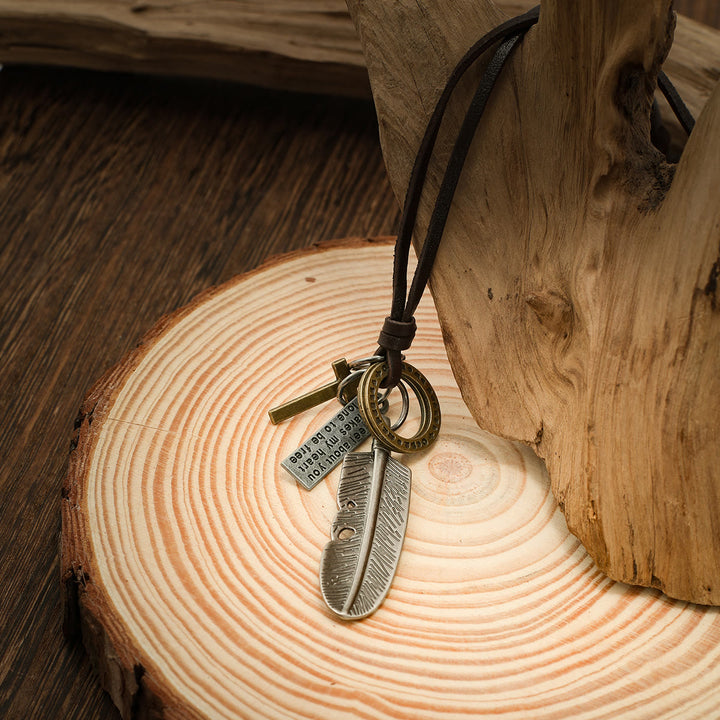 Christianartworkshop Feather Cross Pendant Leather Necklace