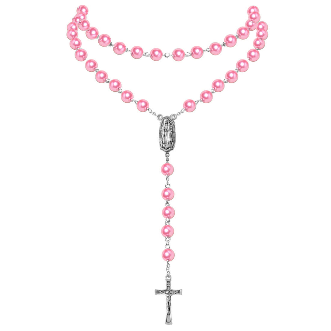 Virgin Mary Medal & Crucifix Pendant Pearl Necklace (4 colors for choice)