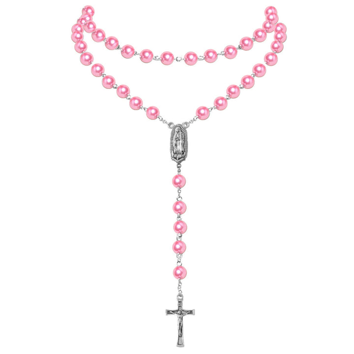 Virgin Mary Medal & Crucifix Pendant Pearl Necklace (4 colors for choice)