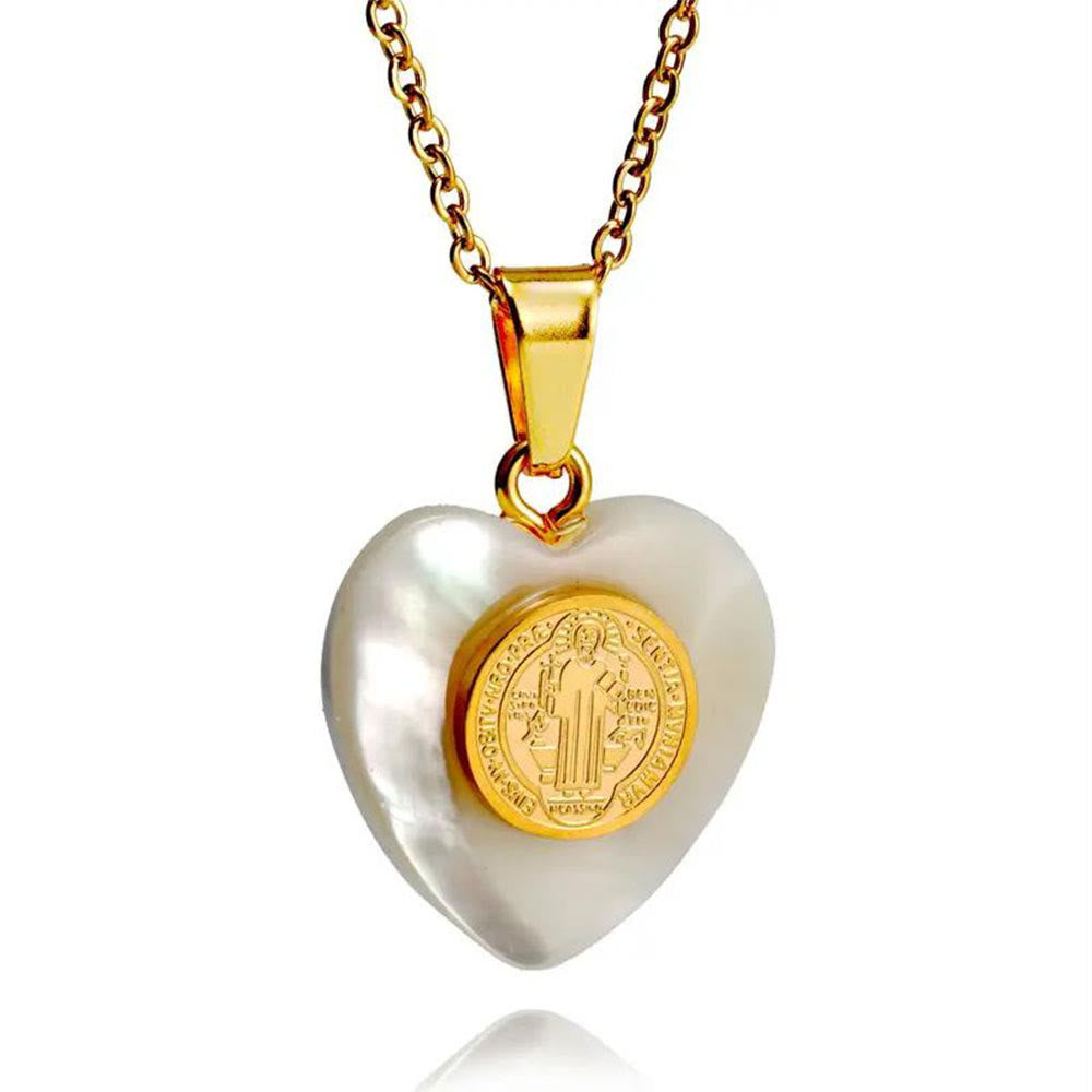 Christianartworkshop St. Benedict Medal Heart Shell Necklace