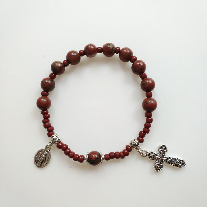 Christianartworkshop Miraculous Medal & Cross Natural Stone Rosary Bracelet