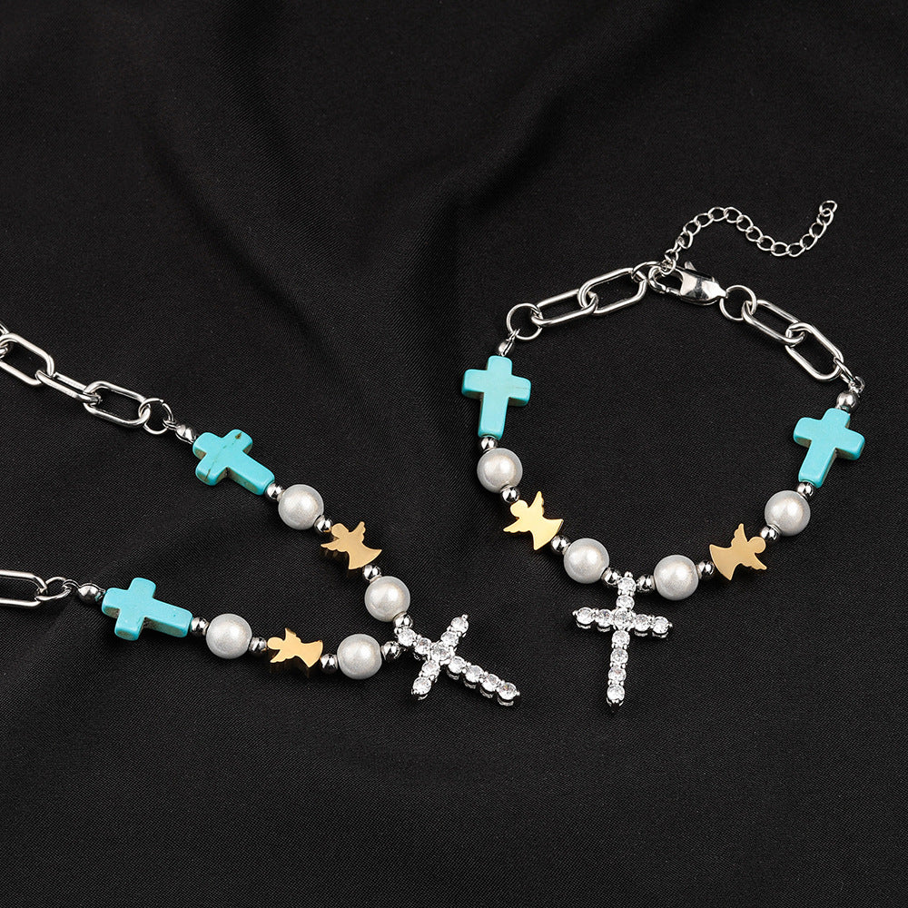 Christianartworkshop Hand-Crafted Turquoise Zircon Cross Titanium Bracelet/Necklace