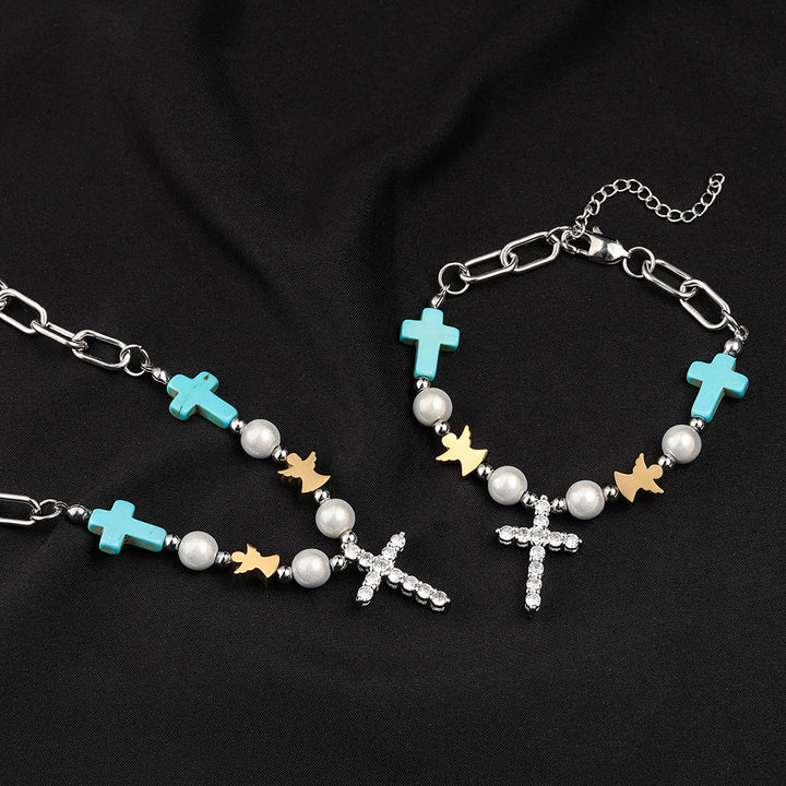 Christianartworkshop Hand-Crafted Turquoise Zircon Cross Titanium Bracelet/Necklace