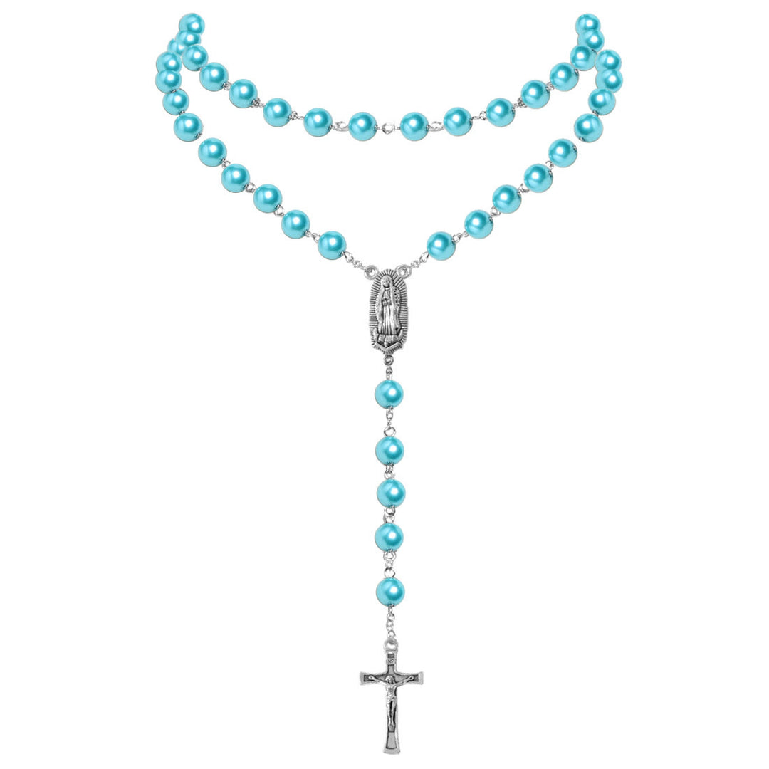 Virgin Mary Medal & Crucifix Pendant Pearl Necklace (4 colors for choice)