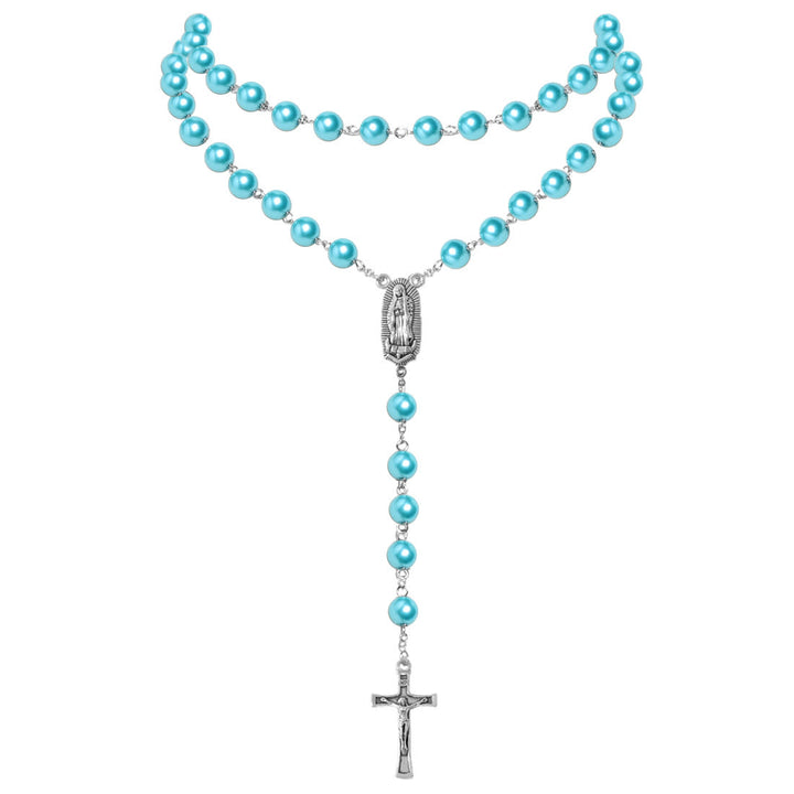 Virgin Mary Medal & Crucifix Pendant Pearl Necklace (4 colors for choice)