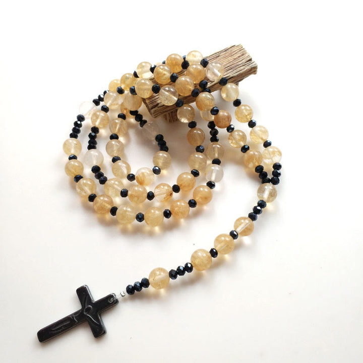 Christianartworkshop Crucifix 8 mm Round Gold Gem Nylon Cord Rosary