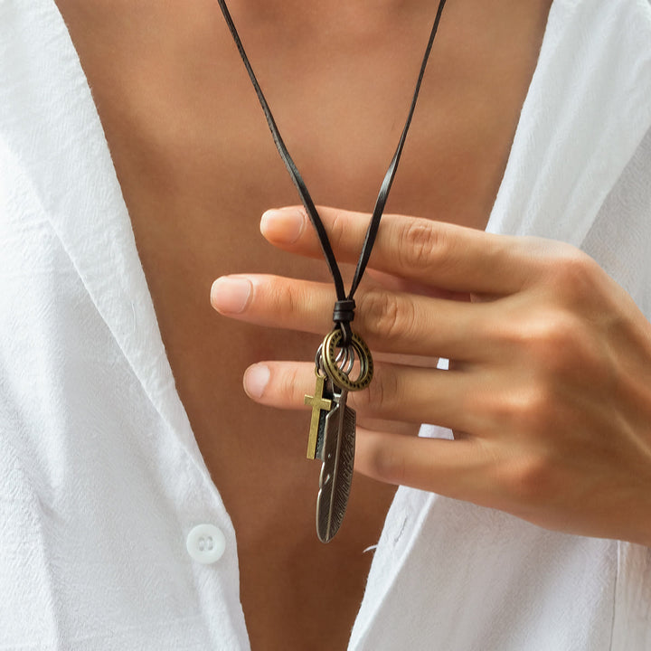 Christianartworkshop Feather Cross Pendant Leather Necklace