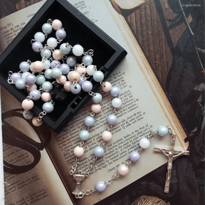 Christianartworkshop Holy Grail & Crucifix of 8 mm Round Multicolor Acrylic Alloy Chain Rosary