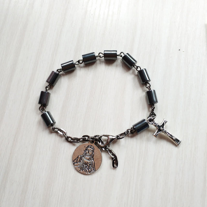 Christianartworkshop Jesus Sacred Heart & Crucifix Hematite Simplicity Bracelet
