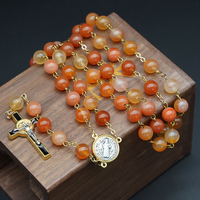 Christianartworkshop Natural Agate Rosary with St. Benedict & Crucifix