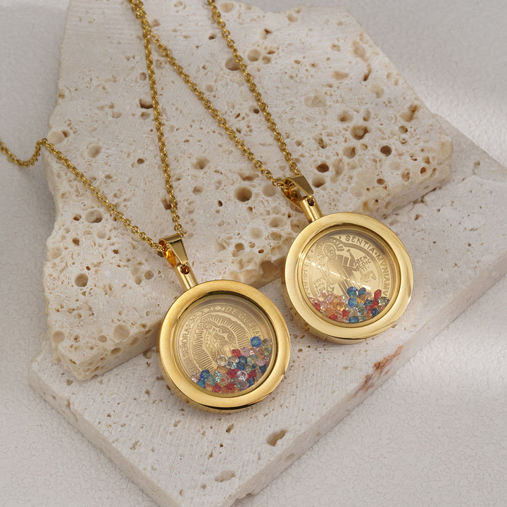 Christianartworkshop Gold Round Reversible Necklace: Our Lady and St. Benedict