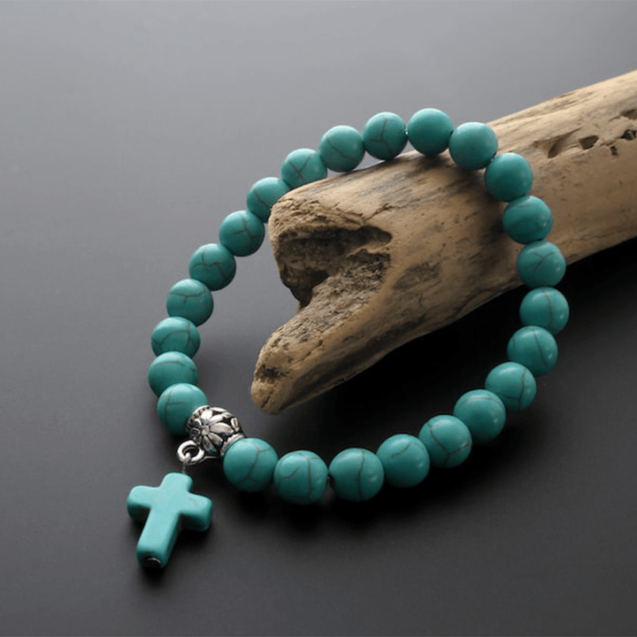 Christianartworkshop Matte Frosted Turquoise Beads Crucifix Bracelet
