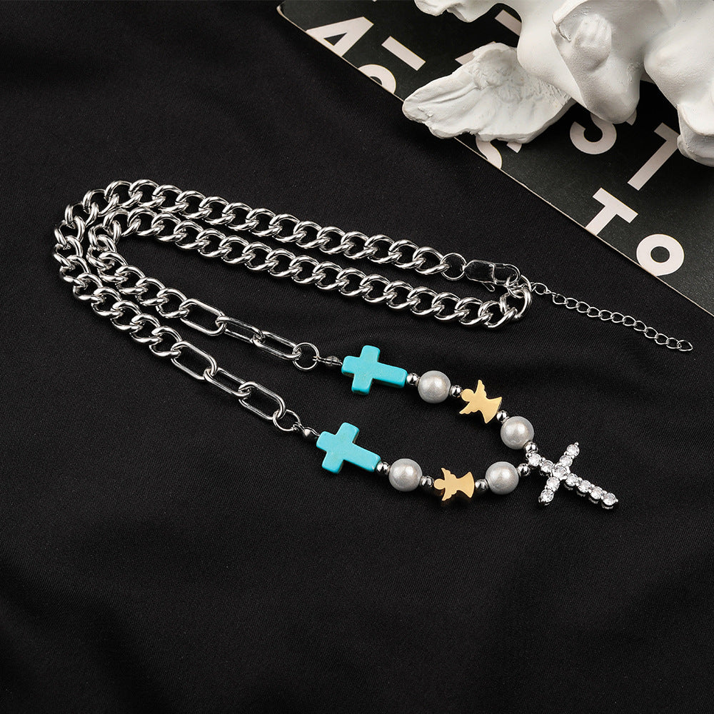 Christianartworkshop Hand-Crafted Turquoise Zircon Cross Titanium Bracelet/Necklace