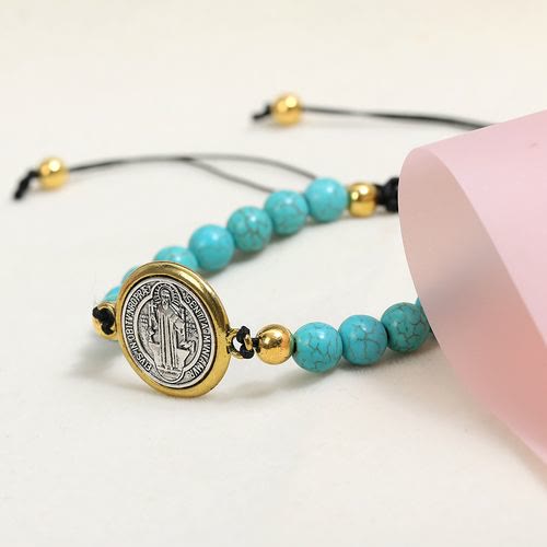 Christianartworkshop Turquoise St. Benedict Prayer Blessing Beaded Bracelet
