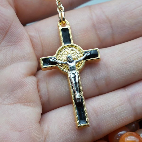 Christianartworkshop Natural Agate Rosary with St. Benedict & Crucifix