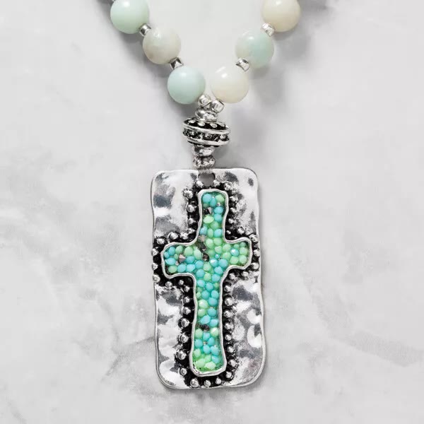Christianartworkshop Natural Stone Cross Handmade Beaded Necklace Jewelry