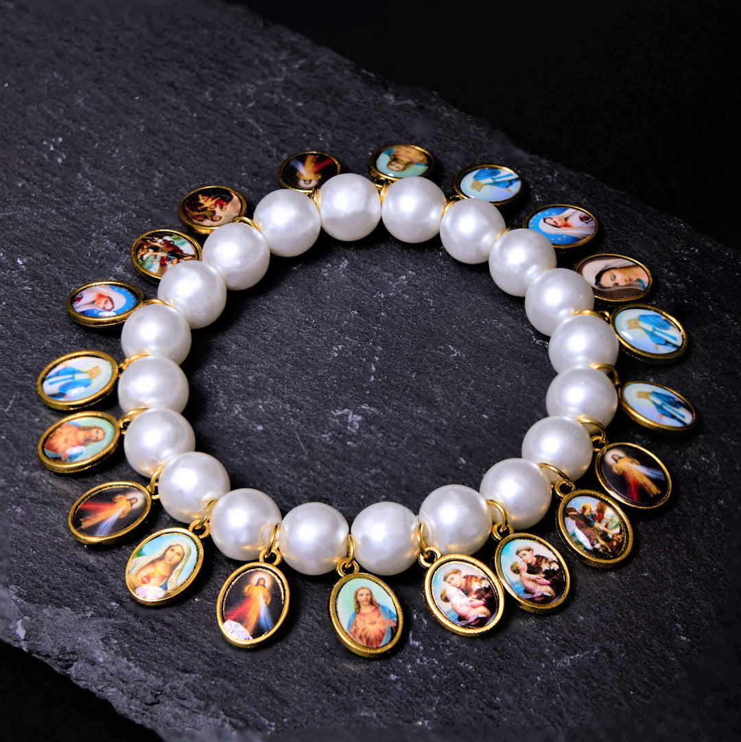 Christianartworkshop Retro Style Saint Jesus Mary Medals Cross Pearl Bracelet