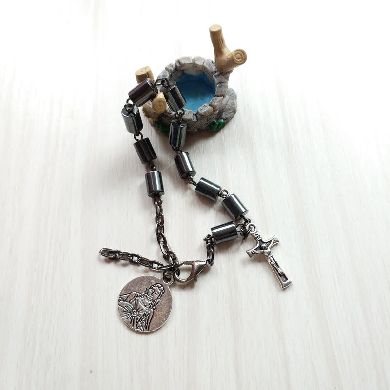Christianartworkshop Jesus Sacred Heart & Crucifix Hematite Simplicity Bracelet