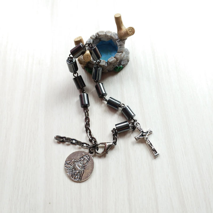 Christianartworkshop Jesus Sacred Heart & Crucifix Hematite Simplicity Bracelet