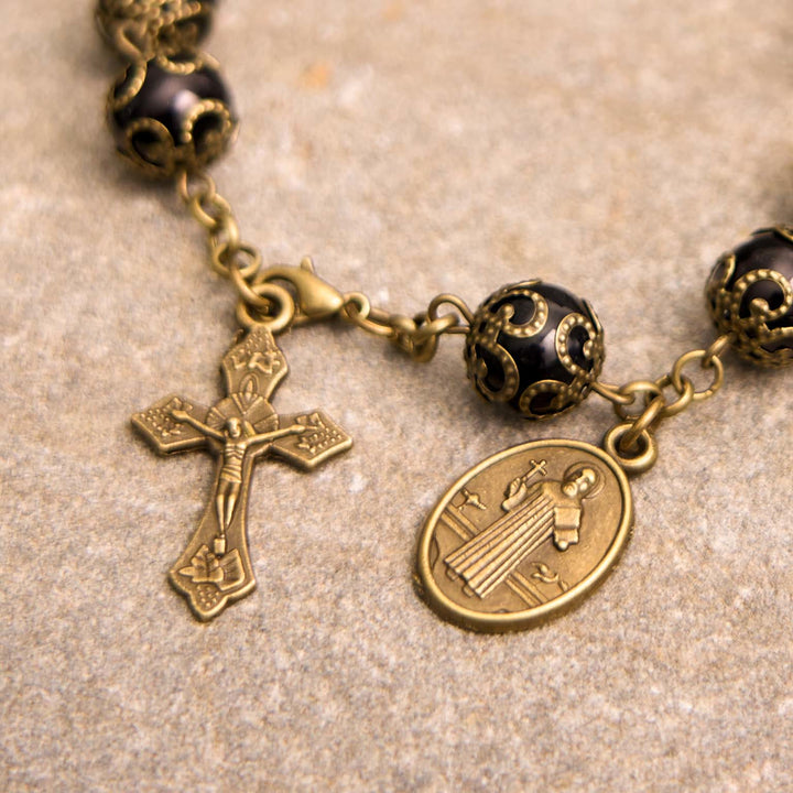 Christianartworkshop Crafted Retro Black St. Benedict Medal & Crucifix Rosary Bracelet