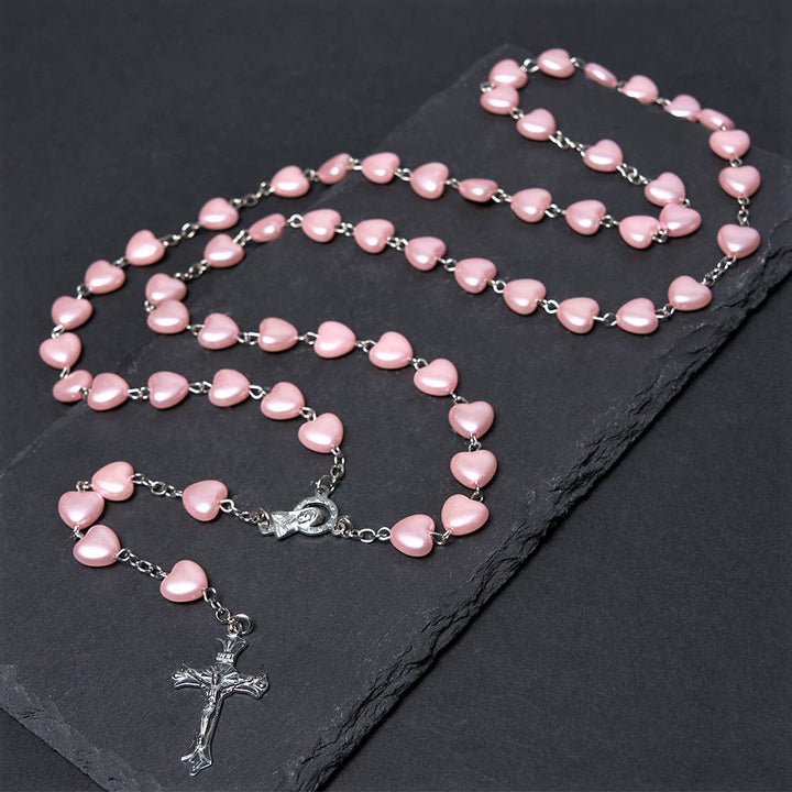 Christianartworkshop Our Lady of Fátima & Crucifix of 10 mm Heart Pink Acrylic Alloy Chain Rosary