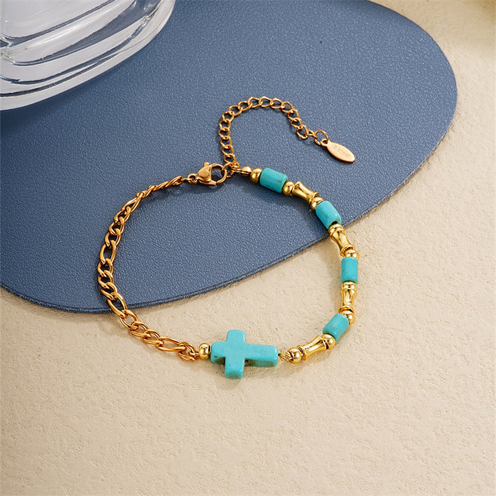 Christianartworkshop Niche Turquoise Cross Golden Chain Bracelet