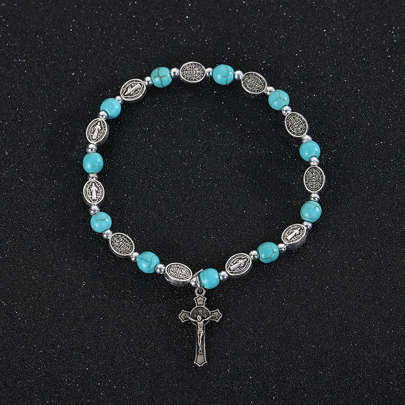 Christianartworkshop Agate/Turquoise St. Benedict Cross Bracelet
