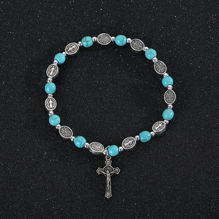 Christianartworkshop Agate/Turquoise St. Benedict Cross Bracelet