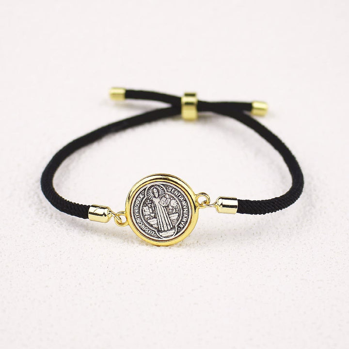 Christianartworkshop St. Benedict Medal Black Rope Cord Adjustable Bracelet