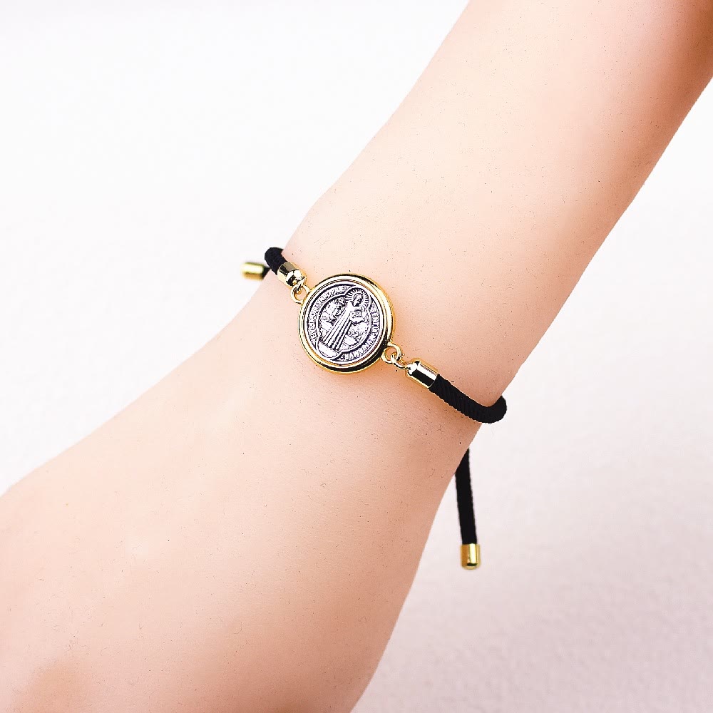 Christianartworkshop St. Benedict Medal Black Rope Cord Adjustable Bracelet