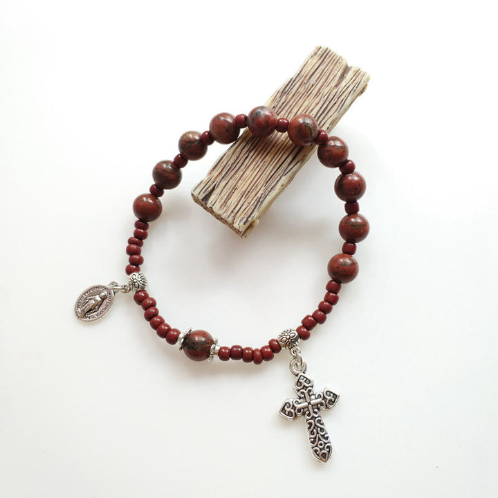 Christianartworkshop Miraculous Medal & Cross Natural Stone Rosary Bracelet