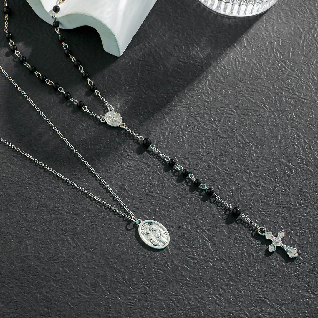 Christianartworkshop Layered Cross Black Bead Necklace