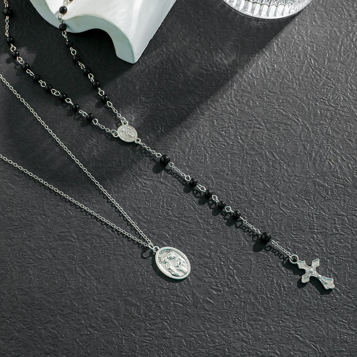 Christianartworkshop Layered Cross Black Bead Necklace