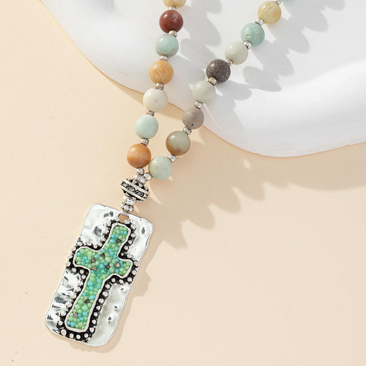 Christianartworkshop Natural Stone Cross Handmade Beaded Necklace Jewelry