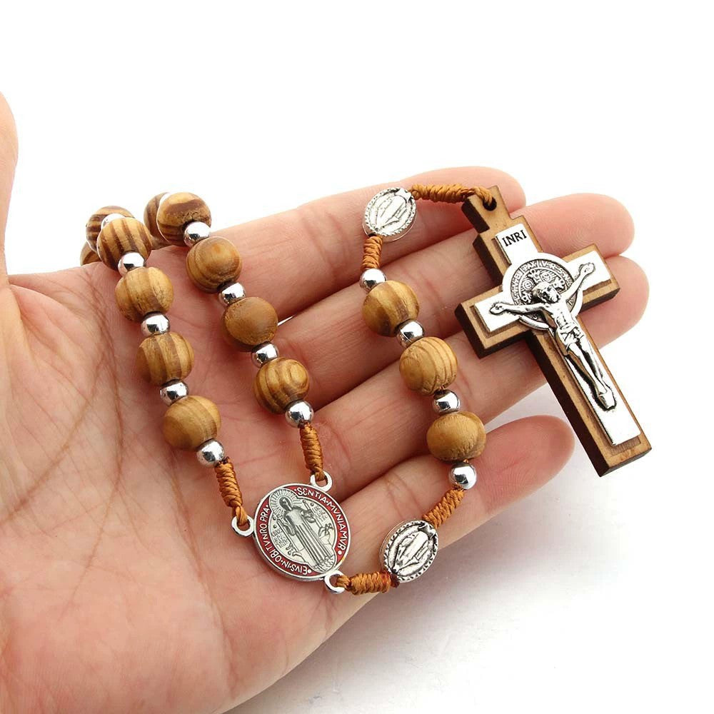Natural Wood Handmade Rosary With Saint Benedict Cross