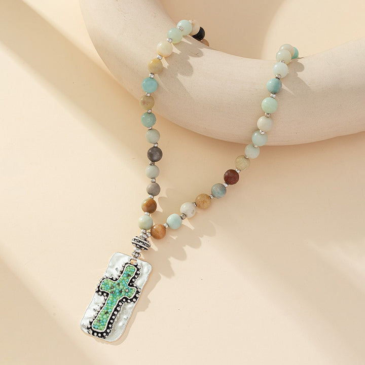 Christianartworkshop Natural Stone Cross Handmade Beaded Necklace Jewelry