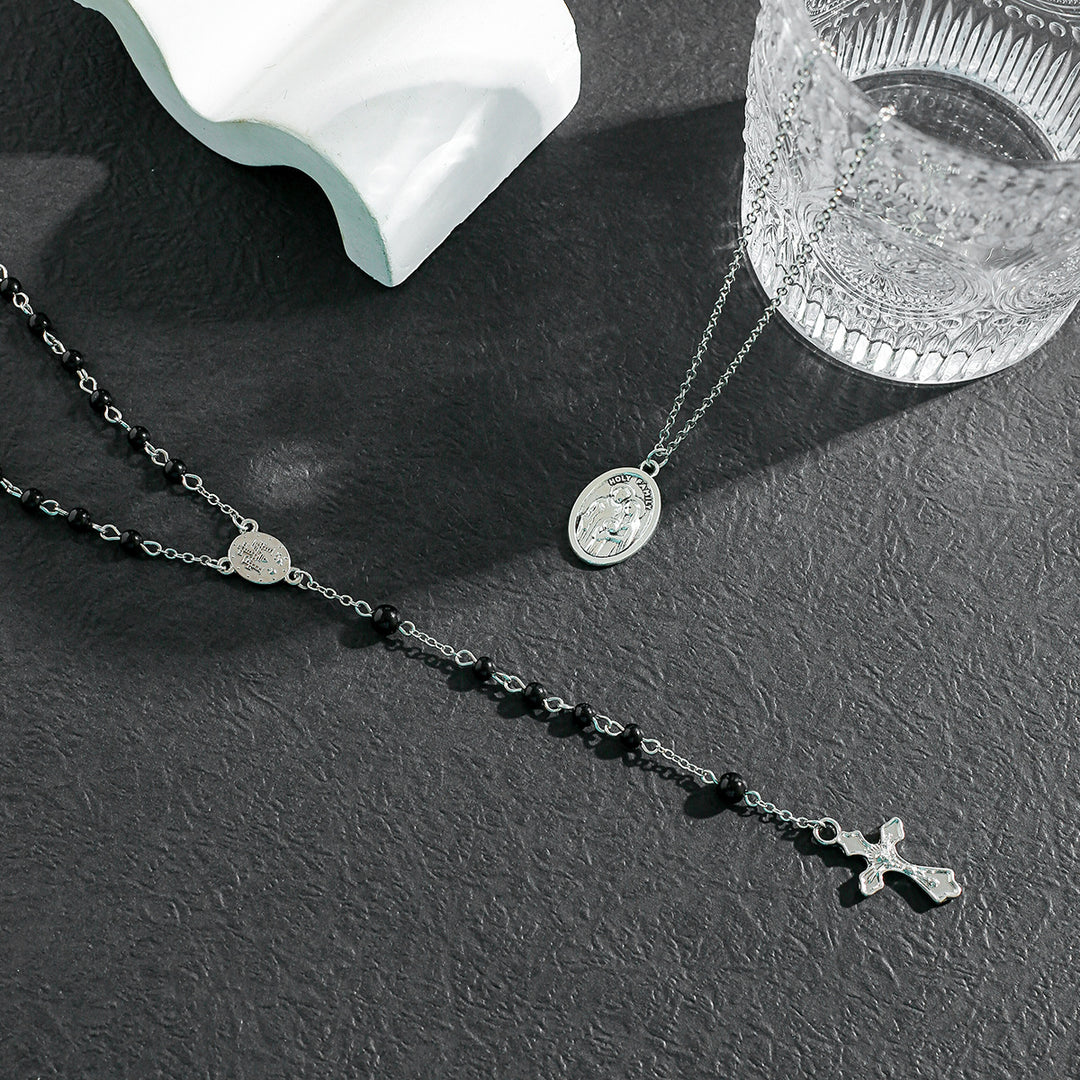 Christianartworkshop Layered Cross Black Bead Necklace