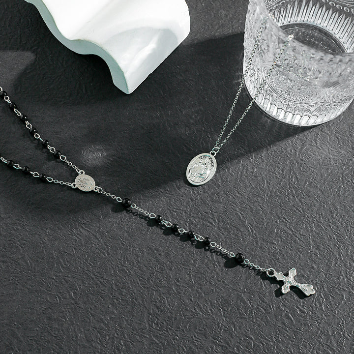 Christianartworkshop Layered Cross Black Bead Necklace