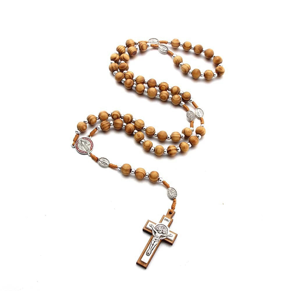 Natural Wood Handmade Rosary With Saint Benedict Cross