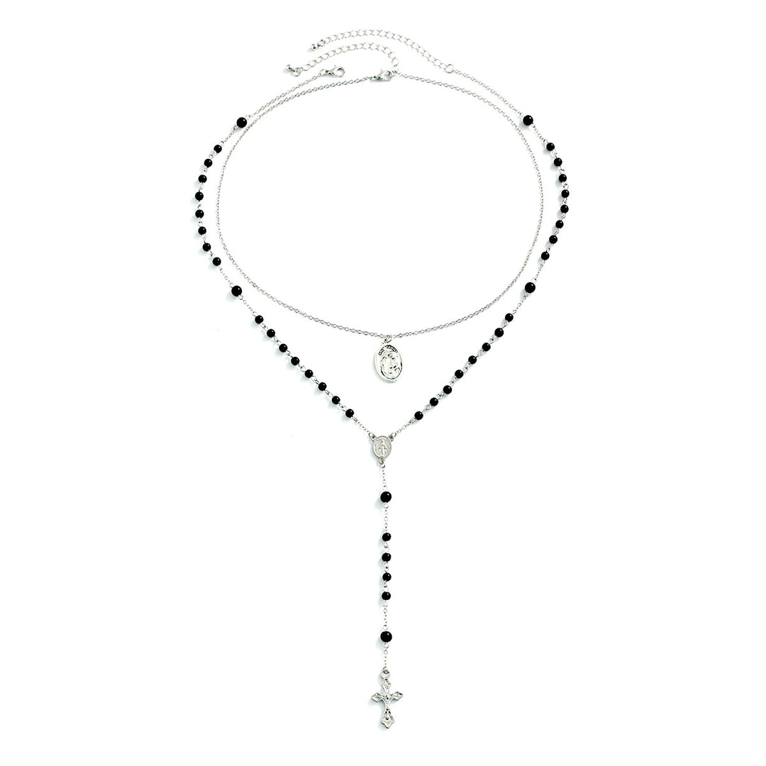 Christianartworkshop Layered Cross Black Bead Necklace