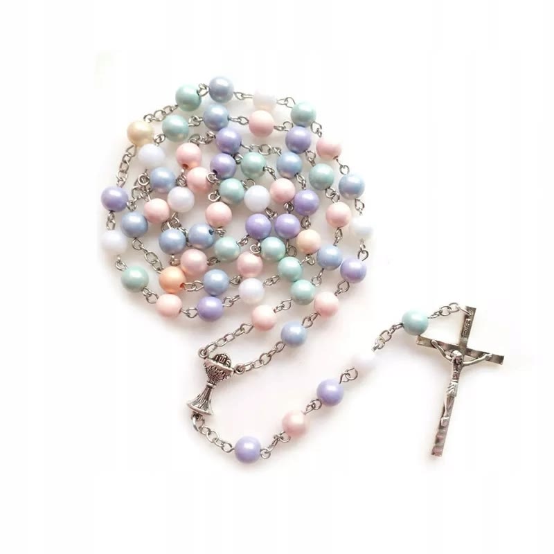 Christianartworkshop Holy Grail & Crucifix of 8 mm Round Multicolor Acrylic Alloy Chain Rosary