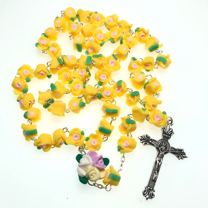 Discount Today: Christian Art Crucifix of 8 mm Rose Multicolor Polymer Clay Alloy Chain Rosary