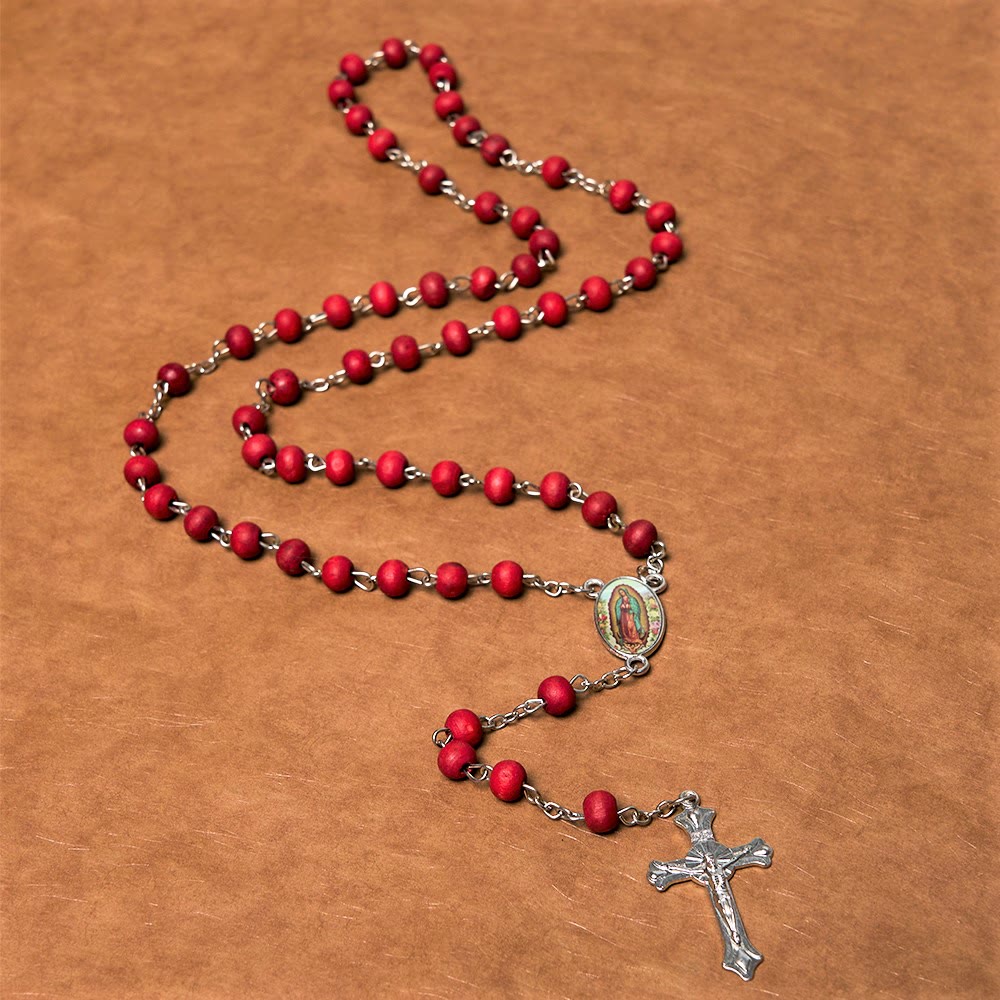 Christianartworkshop Our Lady of Guadalupe & Crucifix of 6 mm Round Multicolor Wood Alloy Chain Rosary