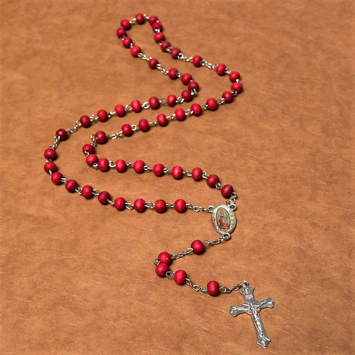 Christian Art Our Lady of Guadalupe & Crucifix of 6 mm Round Multicolor Wood Alloy Chain Rosary