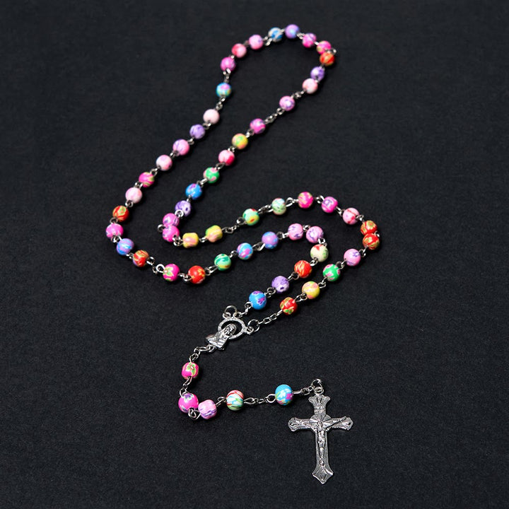 Discount Today: Christian Art Our Lady of Guadalupe & Crucifix of 6 mm Round Multicolor Polymer Clay Alloy Chain Rosary