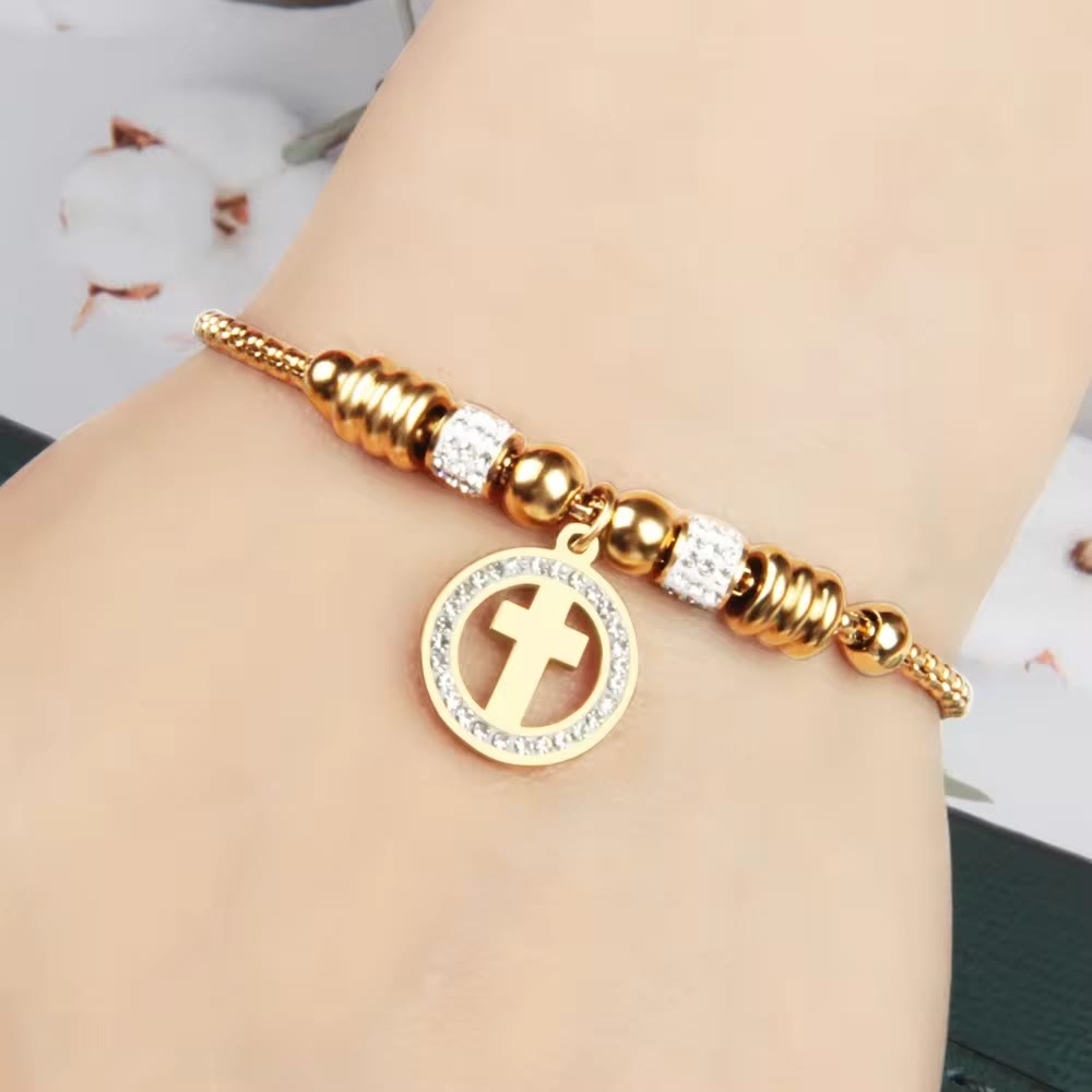 Christianartworkshop Crafted Circle Cross Charm Zirconia  Bracelet